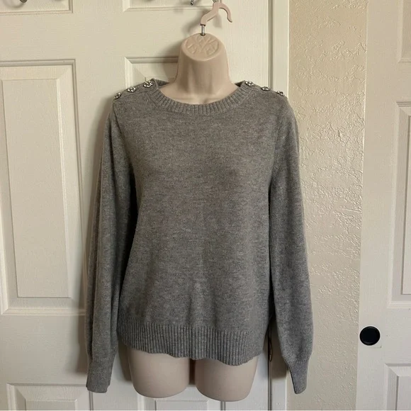 $118 J. Crew Crewneck Sweater with Jeweled Buttons Wool blend, Gray, M, Medium - Picture 3 of 11